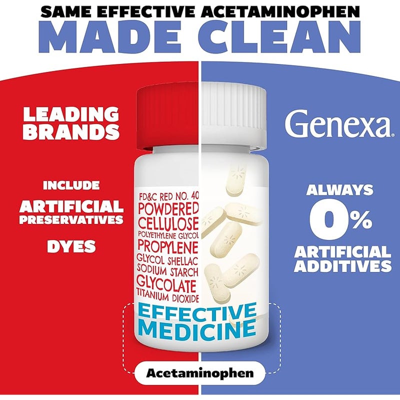 Genexa Clean Acetaminophen 500mg Extra Strength, Dye Free Pain Reliever Fever Reducer, 0% Artificial Additives, Pain Medicine for Adults, Relieves Headache, Backache, Minor Arthritis Pain, 100 Tablets - Image 3