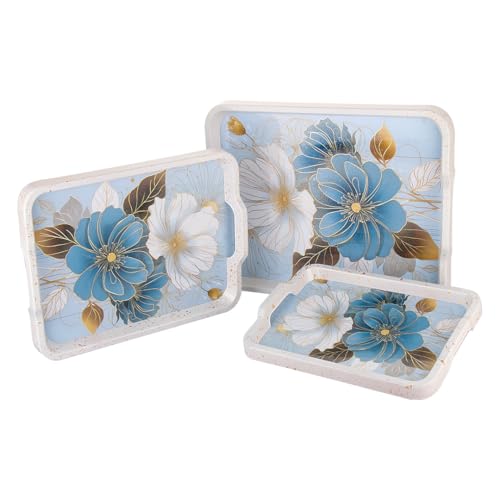 WARMEO Royal Wooden Serving Tray Set |Multipurpose Decorative Trays|Premium MDF Resin Tray l Rectangular | Set of 3| Exotic Flowers - Image 1