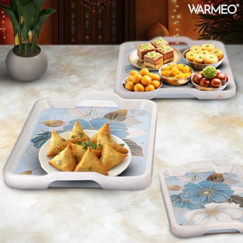 WARMEO Royal Wooden Serving Tray Set |Multipurpose Decorative Trays|Premium MDF Resin Tray l Rectangular | Set of 3| Exotic Flowers - Image 2