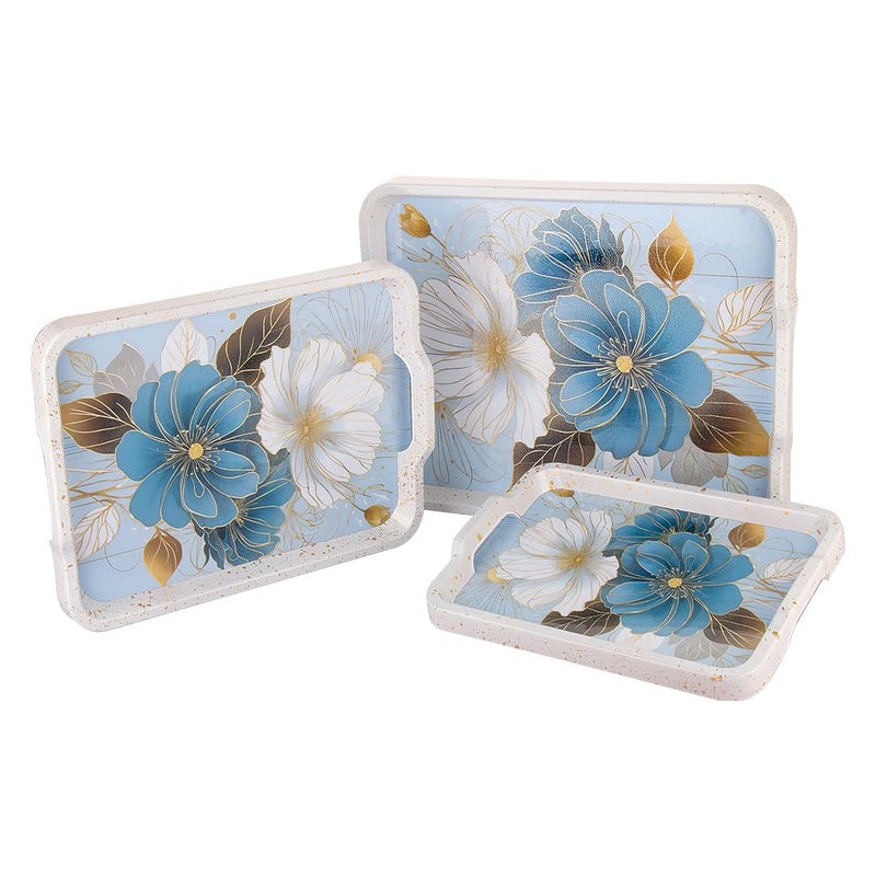 WARMEO Royal Wooden Serving Tray Set |Multipurpose Decorative Trays|Premium MDF Resin Tray l Rectangular | Set of 3| Exotic Flowers - Image 4