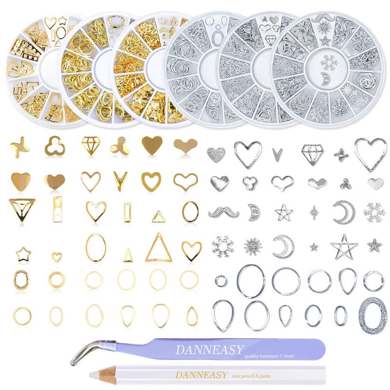 DANNEASY Gold Silver Nail Charms 3D Nail Art Studs Set Hollow Metal Nail Jewels Nail Charm Star Moon Heart Manicure Tips Nail Decoration with 1pc Tweezers Wax Pen 6 Wheels