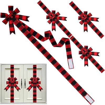 Ferraycle 6 Pcs Christmas Cabinet Ribbon Bows 78.8 Inch Buffalo Plaid Door Ribbons and Bows Decoration Checkered - Image 1