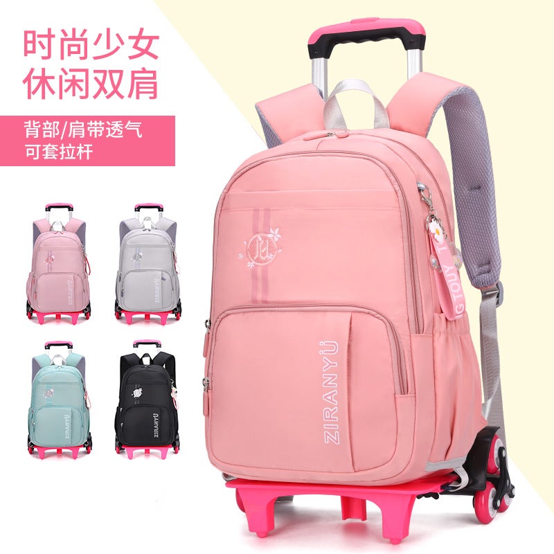 Natural Fish Korean Version Of The New Beginner Senior High School Trolley Schoolbag Primary School Students Dual-Use Backpack Six-Wheel Climbing Ladder - Image 4