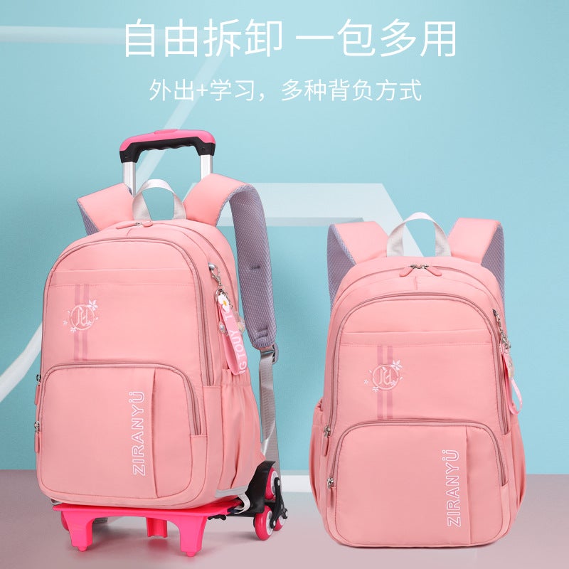 Natural Fish Korean Version Of The New Beginner Senior High School Trolley Schoolbag Primary School Students Dual-Use Backpack Six-Wheel Climbing Ladder - Image 3