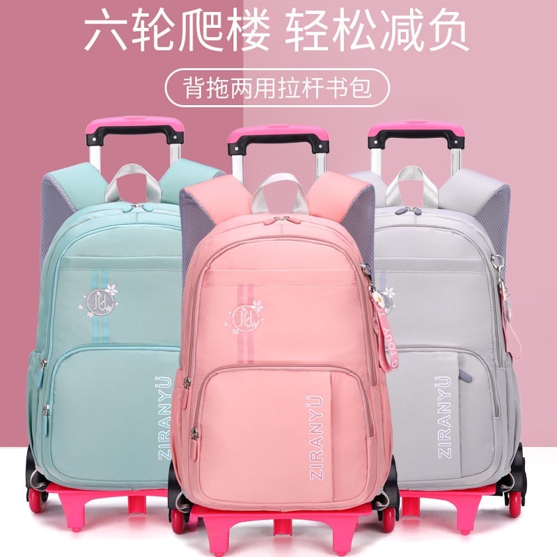 Natural Fish Korean Version Of The New Beginner Senior High School Trolley Schoolbag Primary School Students Dual-Use Backpack Six-Wheel Climbing Ladder - Image 2