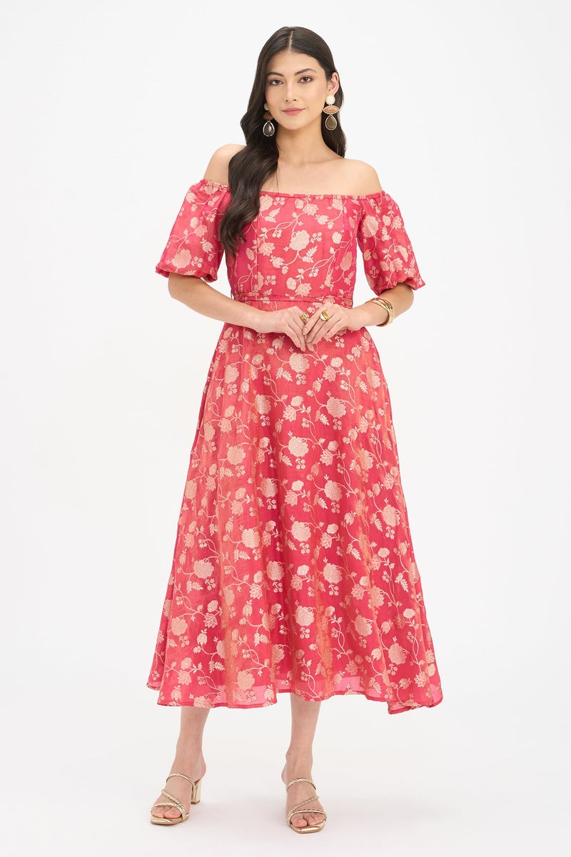 Virgio Ethnic Motifs Viscose Off Shoulder Maxi Dress for Women - Image 1