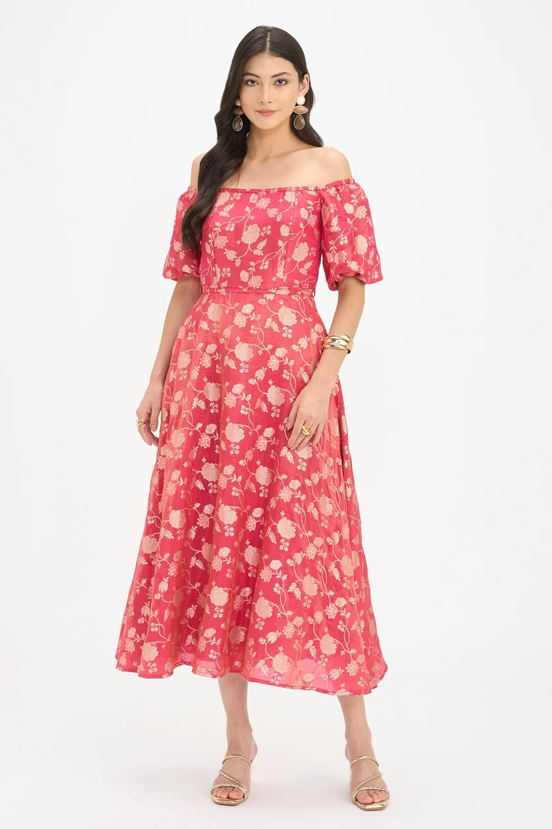 فيرجيو Ethnic Motifs Viscose Off Shoulder Maxi Dress for Women