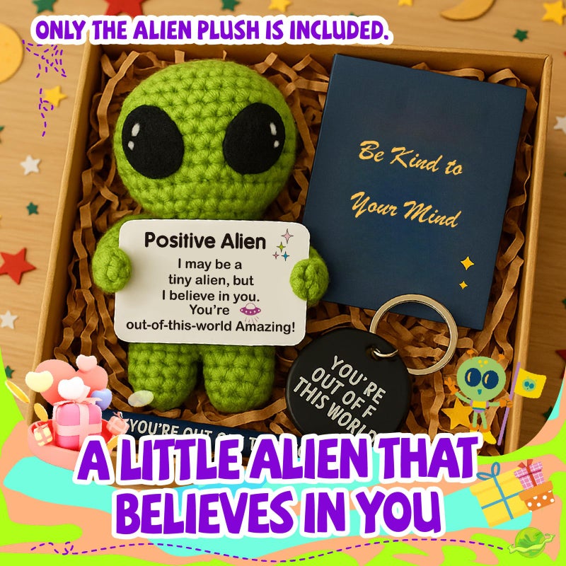 MAMAGIFTREE Funny Positive Alien Crochet Plush with Uplifting Message Card for Valentines Day & Easter Eggs Fillers - Easter Basket Stuffers - Small Encouragement Gift for Her Him Teens Birthday Graduation - Image 2