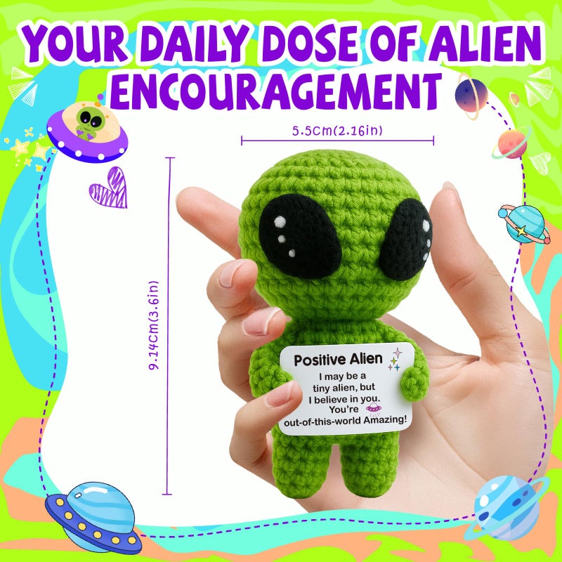 MAMAGIFTREE Funny Positive Alien Crochet Plush with Uplifting Message Card for Valentines Day & Easter Eggs Fillers - Easter Basket Stuffers - Small Encouragement Gift for Her Him Teens Birthday Graduation - Image 5
