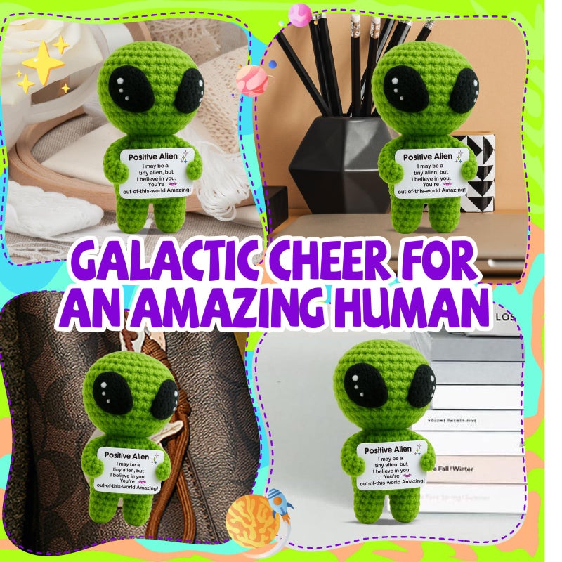MAMAGIFTREE Funny Positive Alien Crochet Plush with Uplifting Message Card for Valentines Day & Easter Eggs Fillers - Easter Basket Stuffers - Small Encouragement Gift for Her Him Teens Birthday Graduation - Image 4