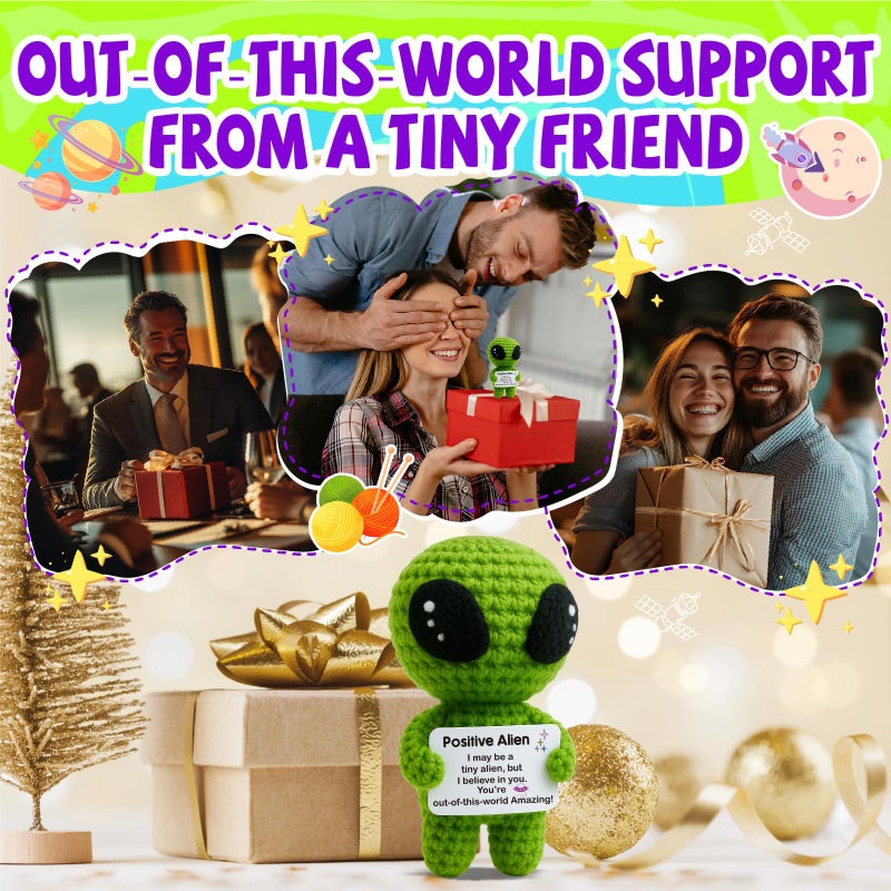 MAMAGIFTREE Funny Positive Alien Crochet Plush with Uplifting Message Card for Valentines Day & Easter Eggs Fillers - Easter Basket Stuffers - Small Encouragement Gift for Her Him Teens Birthday Graduation - Image 3