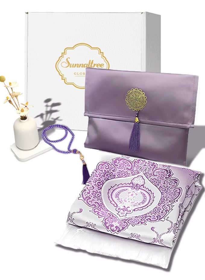 3PCS PRAYER MAT SET, BEAUTIFUL PRAYER MAT, WITH POUCH AND TASBIH, PREMIUM QUALITY SKIN FRIENDLY MATERIEL, FOLDABLE PRAYER CARPET MAT, IDEAL FOR HOME, TRAVELLING, AT OFFICE, AT WORK, FOR RAMADAN, EID ETC, BEST GIFT IDEA PRAYER(PURPLE)