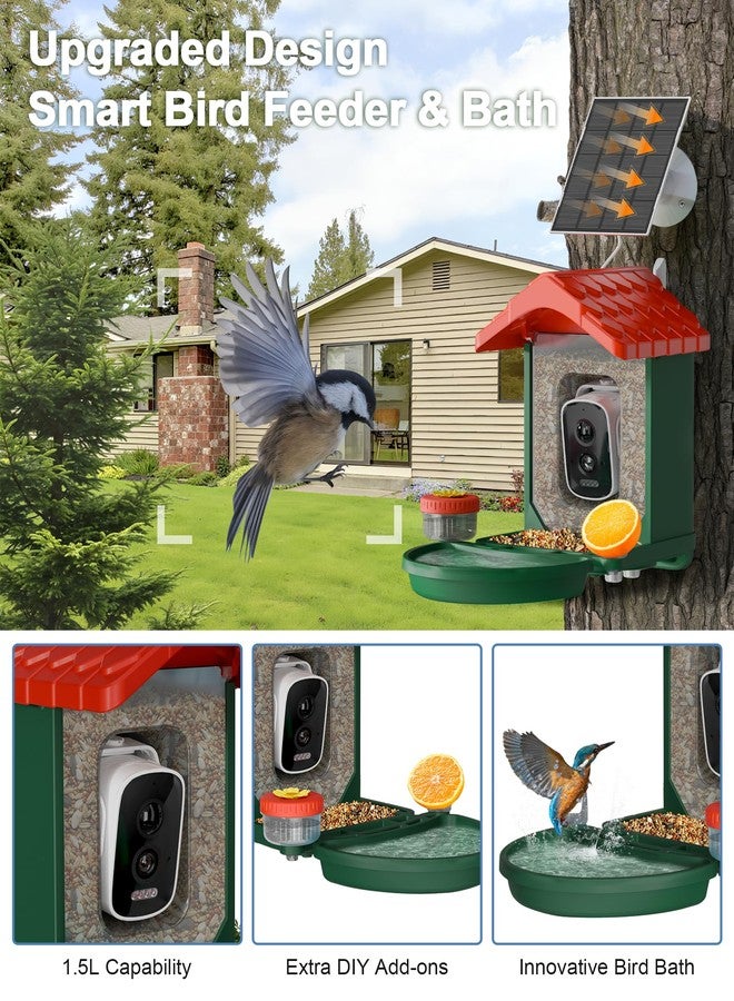 VISIOGEAR 2-in-1 Smart Wild Bird Feeder & Bath with 4K HD Camera, AI Identification Solar Bird Feeder Watching Camera Night Vision for Outdoor Birds Watching Gifts for Birdlover, Red & Green - Image 3