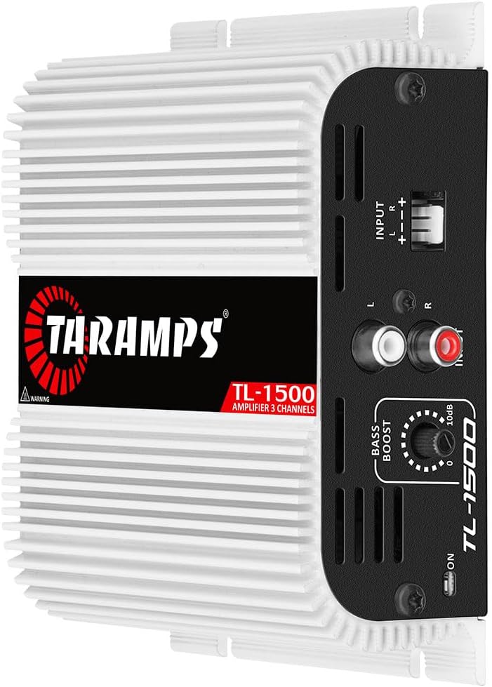 Taramp's TL 1500 مضخم صوتي كامل النطاق 390 واط RMS 3 قنوات سيارة 2 قنوات ستيريو 1 قناة فرعية مضخم من الفئة D، مدخل RCA/سلك، تعزيز الجهير 13.8 VDC، أبيض - Image 3
