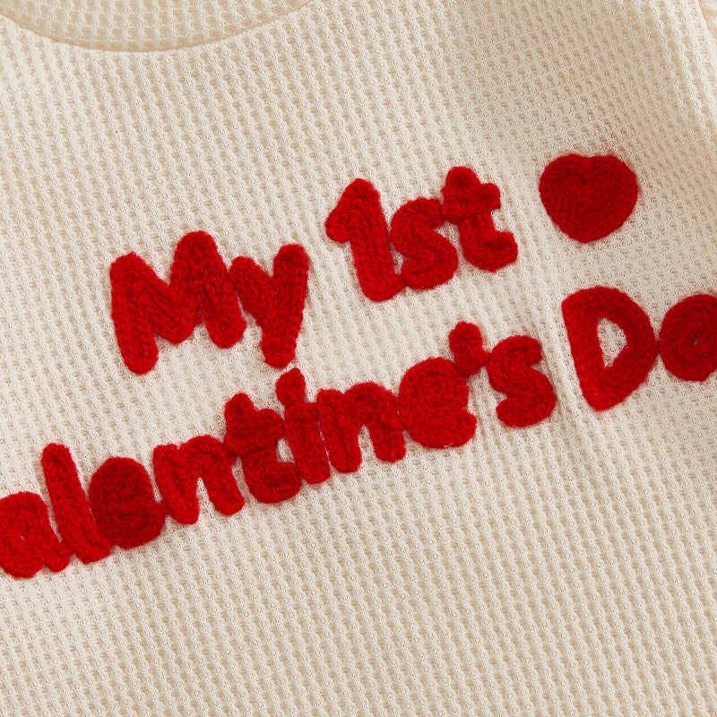 Douhoow Baby Valentines Day Outfit Infant Boy Girl My 1st Valentine's Embroidered Waffle Baby Sweatshirt Romper Pants Set (Khaki, 3-6 Months) - Image 4