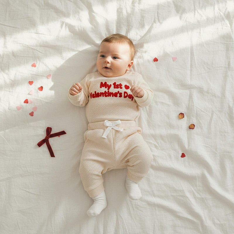 Douhoow Baby Valentines Day Outfit Infant Boy Girl My 1st Valentine's Embroidered Waffle Baby Sweatshirt Romper Pants Set (Khaki, 3-6 Months) - Image 5