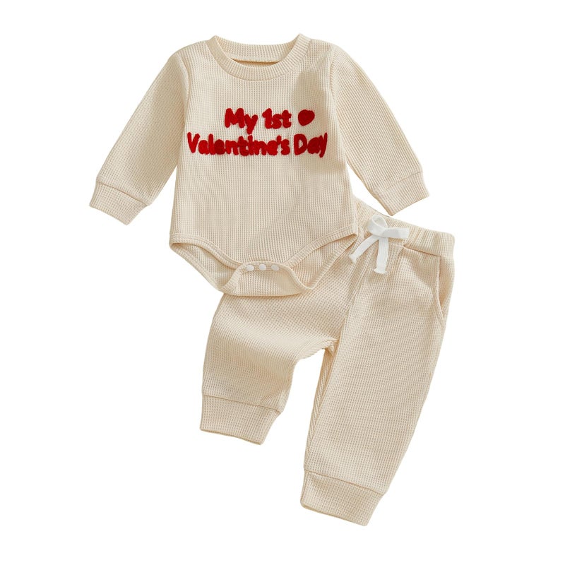 Douhoow Baby Valentines Day Outfit Infant Boy Girl My 1st Valentine's Embroidered Waffle Baby Sweatshirt Romper Pants Set (Khaki, 3-6 Months) - Image 1