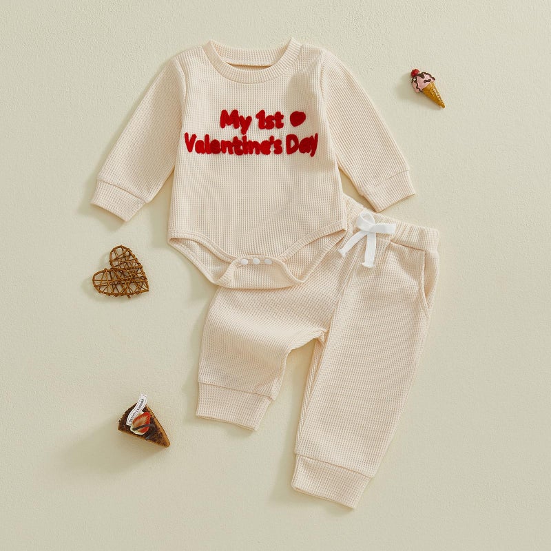 Douhoow Baby Valentines Day Outfit Infant Boy Girl My 1st Valentine's Embroidered Waffle Baby Sweatshirt Romper Pants Set (Khaki, 3-6 Months) - Image 2