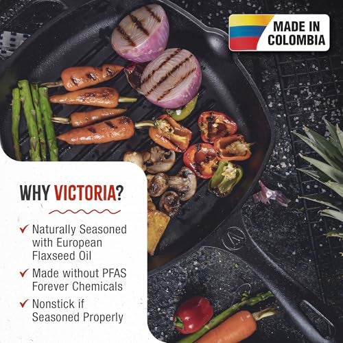 Victoria Cast Iron Grill Pan, Square Grill Pan, Cast Iron Griddle Pan, Seasoned with 100% Kosher-Certified, Non-GMO Flaxseed Oil, Black, 10 Inches - Image 3