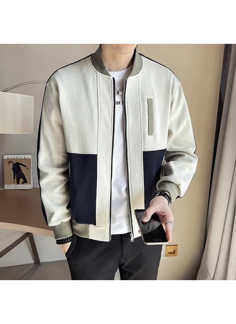 2023 Spring Autumn Trendy Casual Hip Hop Versatile Color Block Split Cap Sleeve Mens Jacket Fashionable Cardigan Apricot