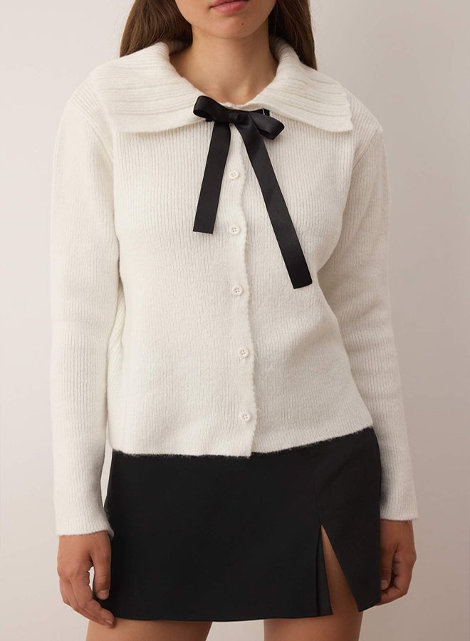 trendyol Ecru Soft Textured Ribbon Detailed Knitwear Cardigan - Image 2
