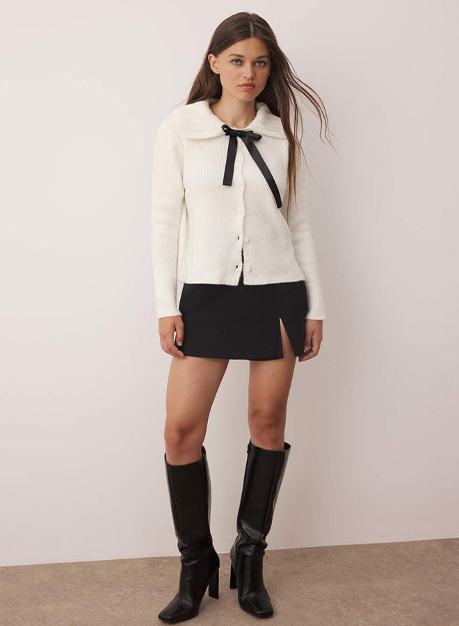 trendyol Ecru Soft Textured Ribbon Detailed Knitwear Cardigan - Image 3