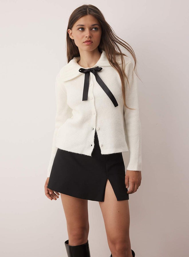 trendyol Ecru Soft Textured Ribbon Detailed Knitwear Cardigan - Image 1