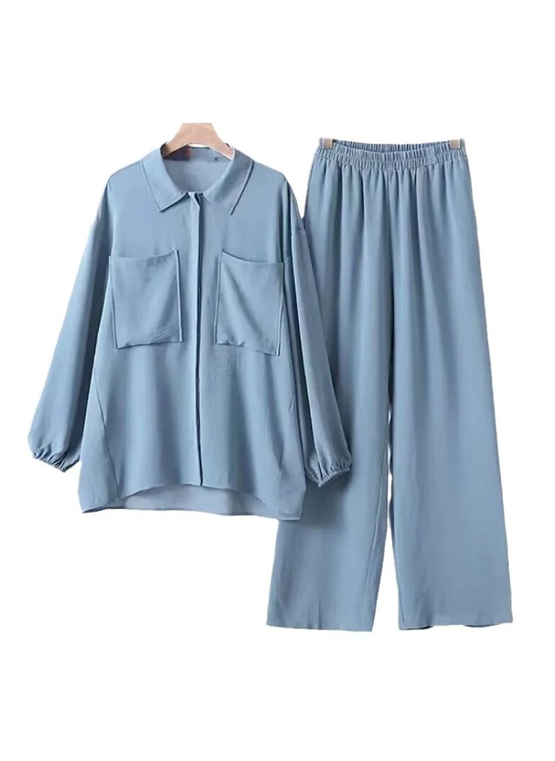 Generic - Women's Islamic Wide Pants Set with Long Sleeve Plain Abaya Two Piece Set - Image 1