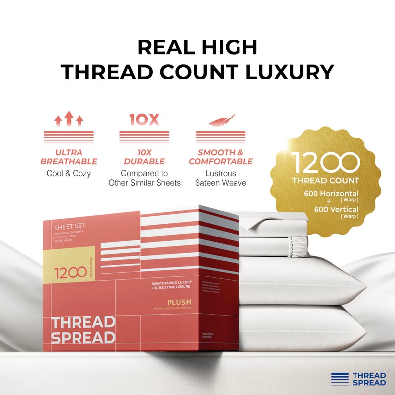 THREAD SPREAD 100% Egyptian Cotton King Size Sheets Set - Luxury 1200 Thread Count Egyptian Cotton Sheets King Size, Silky Soft, Cooling, Sateen Weave 17" Deep Pocket Bed Set - White - Image 2