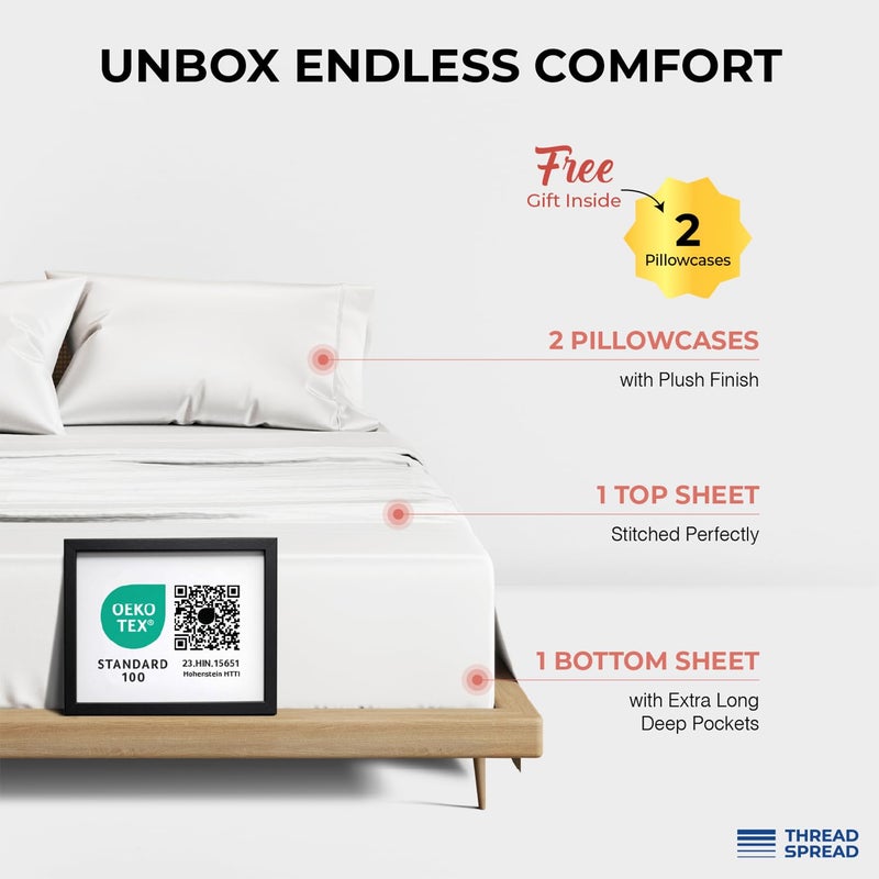 THREAD SPREAD 100% Egyptian Cotton King Size Sheets Set - Luxury 1200 Thread Count Egyptian Cotton Sheets King Size, Silky Soft, Cooling, Sateen Weave 17" Deep Pocket Bed Set - White - Image 3