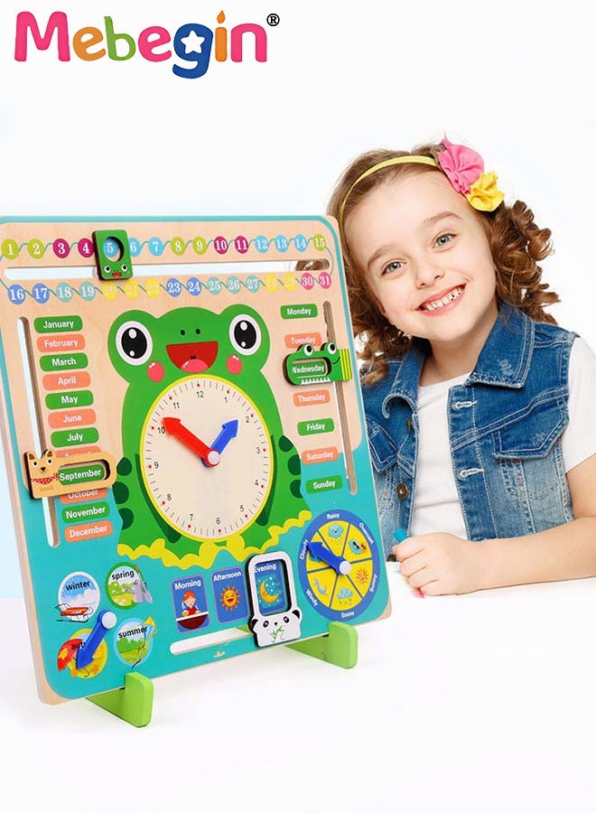 Montessori Wooden Toys Kids Clock Toy Unique Frog Shape Wooden Learning Toy for Toddlers 36 Month+ Year Olds Learn About Seasons Month Days of Week Time Educational Toys