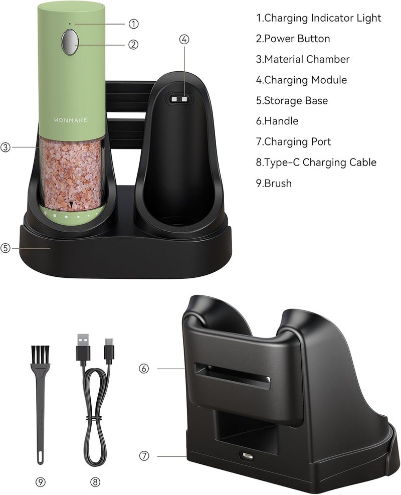 WONMAKE Electric Salt and Pepper Grinder Set - Automatic Refillable Salt and Pepper Grinders with Charging Base & LED Light, 6-Level Adjustable Coarseness with External Dial, Ideal Kitchen Gadget，Green - Image 4