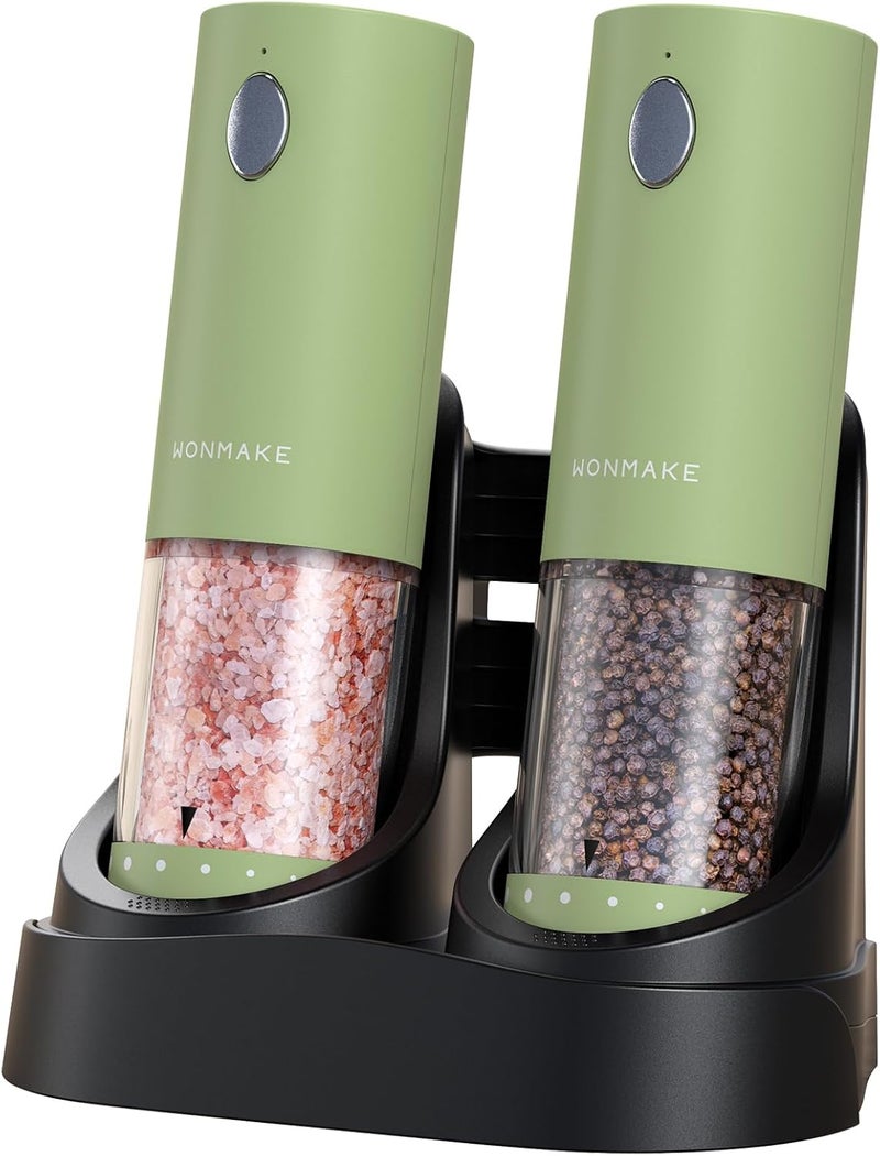 WONMAKE Electric Salt and Pepper Grinder Set - Automatic Refillable Salt and Pepper Grinders with Charging Base & LED Light, 6-Level Adjustable Coarseness with External Dial, Ideal Kitchen Gadget，Green - Image 1