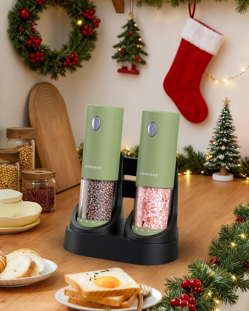 WONMAKE Electric Salt and Pepper Grinder Set - Automatic Refillable Salt and Pepper Grinders with Charging Base & LED Light, 6-Level Adjustable Coarseness with External Dial, Ideal Kitchen Gadget，Green - Image 3