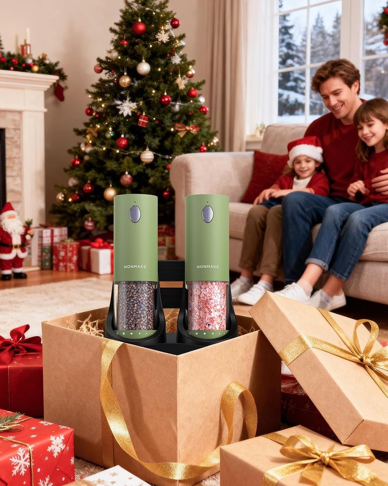 WONMAKE Electric Salt and Pepper Grinder Set - Automatic Refillable Salt and Pepper Grinders with Charging Base & LED Light, 6-Level Adjustable Coarseness with External Dial, Ideal Kitchen Gadget，Green - Image 2