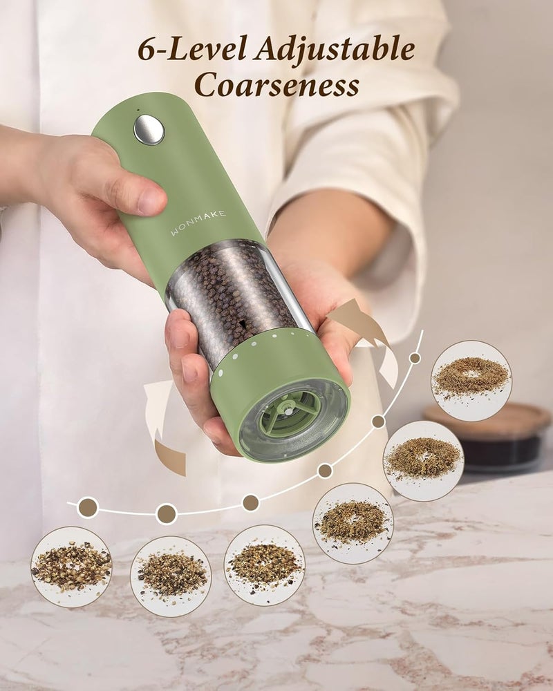WONMAKE Electric Salt and Pepper Grinder Set - Automatic Refillable Salt and Pepper Grinders with Charging Base & LED Light, 6-Level Adjustable Coarseness with External Dial, Ideal Kitchen Gadget，Green - Image 5