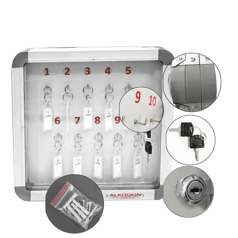 ALKOSIGN Key Cabinet for 10 Key-Chains with Laminated Back and Steel Fitted Hooks | Key Manager, Key Storage, Key Box, Lockable Key Organizer, for Industrial Use, Factories, Offices, Hotels. - Image 5