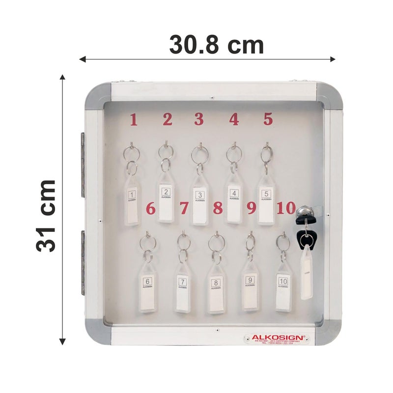 ALKOSIGN Key Cabinet for 10 Key-Chains with Laminated Back and Steel Fitted Hooks | Key Manager, Key Storage, Key Box, Lockable Key Organizer, for Industrial Use, Factories, Offices, Hotels. - Image 3