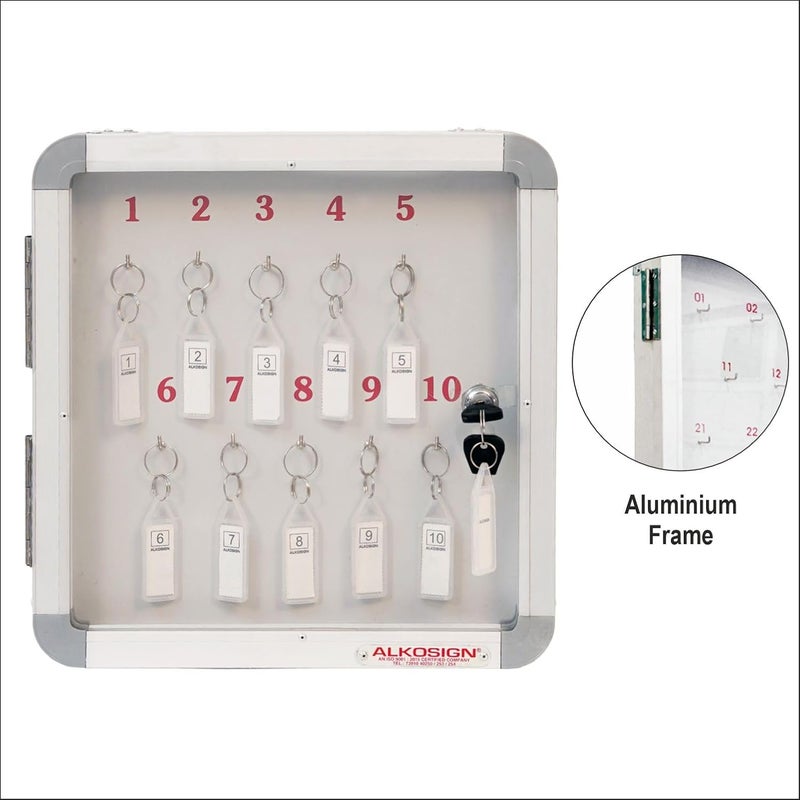ALKOSIGN Key Cabinet for 10 Key-Chains with Laminated Back and Steel Fitted Hooks | Key Manager, Key Storage, Key Box, Lockable Key Organizer, for Industrial Use, Factories, Offices, Hotels. - Image 4