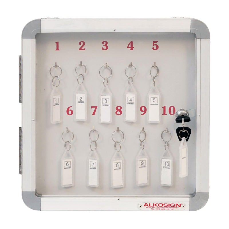 ALKOSIGN Key Cabinet for 10 Key-Chains with Laminated Back and Steel Fitted Hooks | Key Manager, Key Storage, Key Box, Lockable Key Organizer, for Industrial Use, Factories, Offices, Hotels. - Image 1