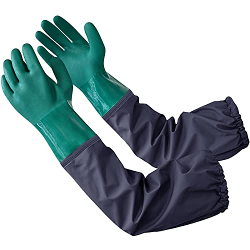 Coopache Full Arm Rubber Gloves, 25" Long Sleeve Waterproof Pond Gloves, Chemical Resistant Gloves Reusable for Men and Women Green & Blue, Large - Image 1