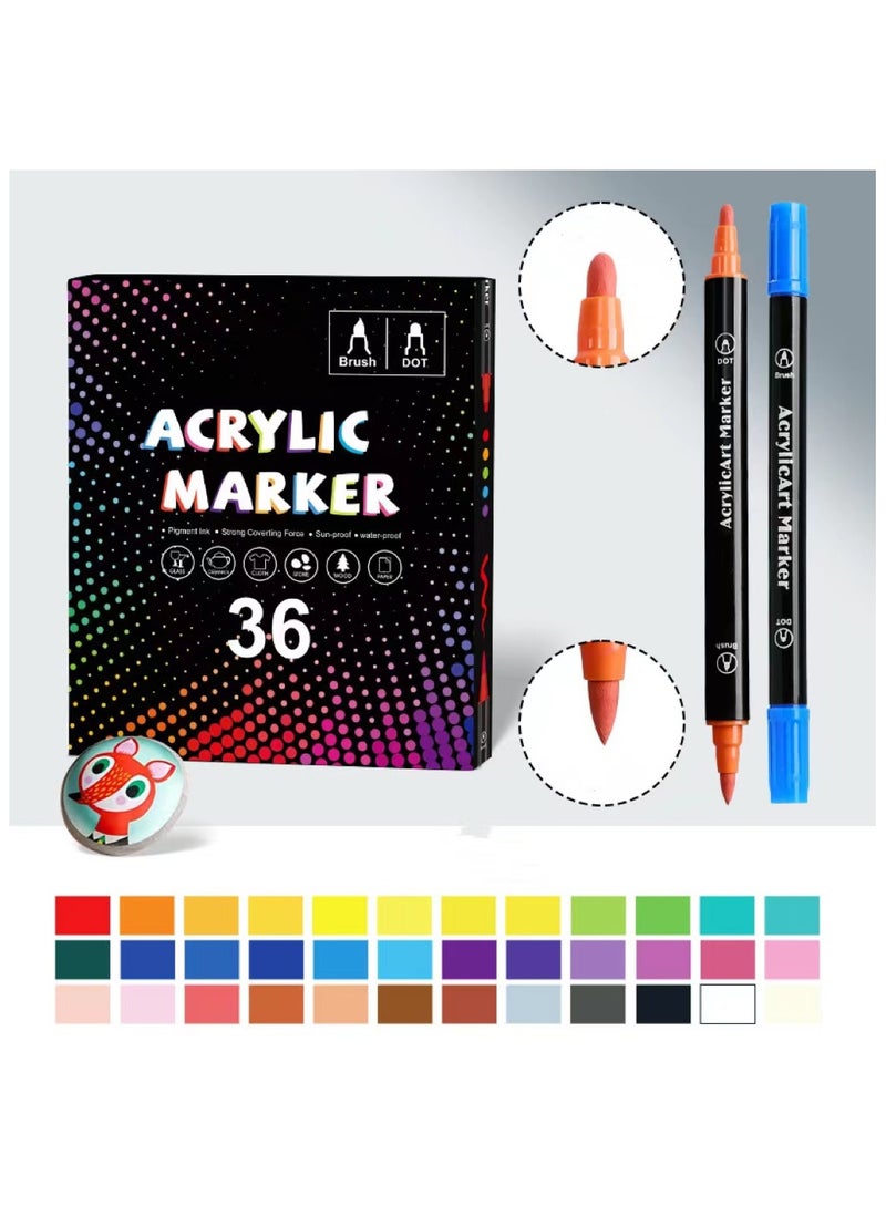 Generic 36-Piece Dot Tip And Brush Tip Acrylic Paint Markers Set, Premium Waterproof And Sunproof Dual Tip Acrylic Paint Pens For Paper,Pottery,Glass,Plastic,Cloth  - Image 1