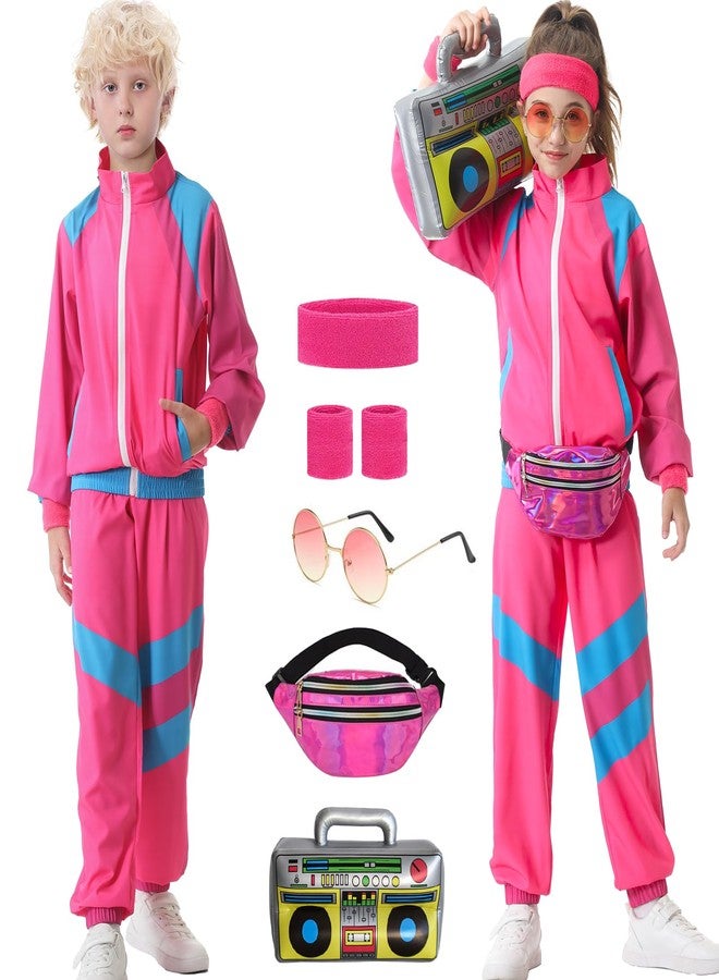 TIMSOPHIA 80s Tracksuit for Kids, 90s Outfits Boys Girls Hip Hop Dance Costume for Retro Theme Party, Colorblock Jacket, Pink, 11-12 years - Image 1
