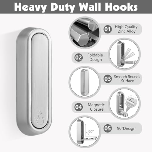 Dntorx Foldable Wall Hook 40 lbs Heavy Duty Screw Mounted Aluminum Alloy FlipDown Silver Coat Hook SpaceSaving Folding Wall Hanger for Bathroom Bedroom Entryway Closet Includes Screws 2 Pack - Image 3