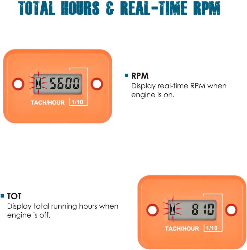 Runleader Digital Mini Tach Hour Meter,TOT Hours Accumulate,Real-time RPM Display,Battery Operation for ZTR Lawn Mower Tractor Generator Outboard ATV Chainsaw Marine Snowblower. (Orange) - Image 2