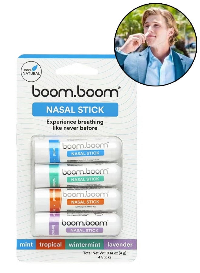 Boom Boom Nasal Stick 4 Pack, Experience Breathing Like Never Before, Enhances Breathing, Boosts Focus, Fresh Cooling Sensation, 4 Flavors - Image 1