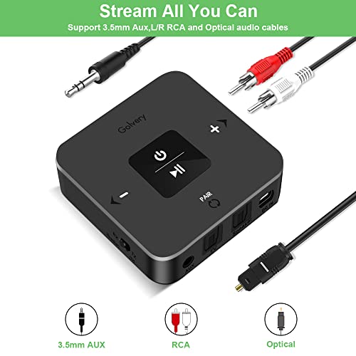 Golvery Bluetooth 5.0 Transmitter Receiver for TV Airplane, 2 in 1 Bluetooth Adapter for PC/DVD/MP3/Home Stereo/Speaker/Gym, Optical/RCA/AUX Connection, 25 Hours Playtime, Dual Link, Volume Control - Image 5