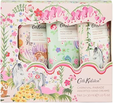 Cath Kidston مجموعة كاث كيدستون لمرطب اليدين 3 × 30 مل معطر وم infused بزيوت أساسية زبدة الشيا بحجم الجيب والسفر ونباتي وخالي من القسوة هدية جمال لها مجموعة كرنفال باريد - Image 1