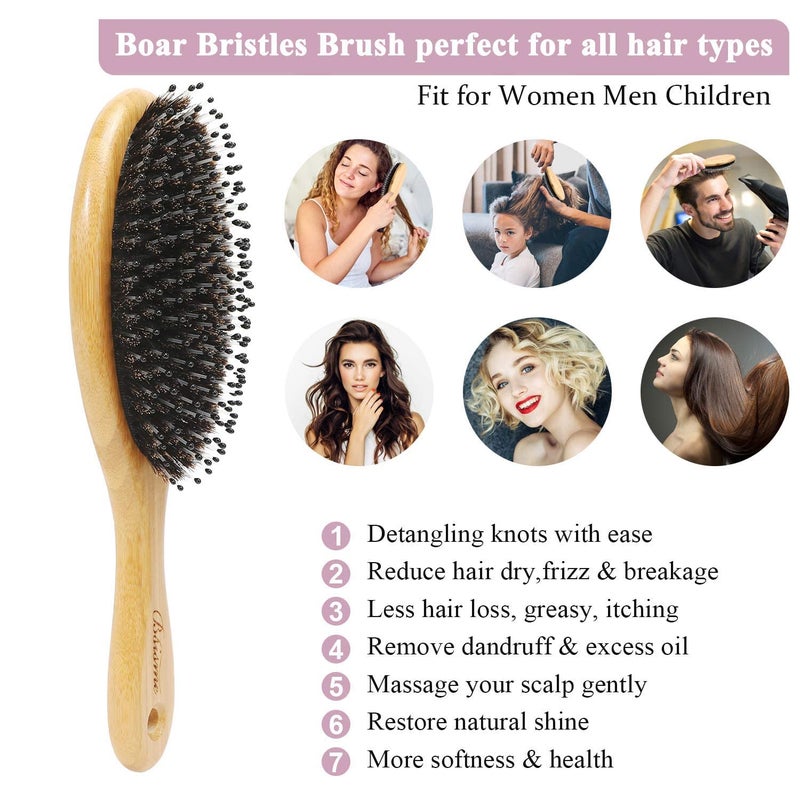 Bsisme Hair Brush Comb Set Boar Bristle Hairbrush for Curly Thick Long Fine Dry Wet Hair,Best Travel Bamboo Paddle Detangler Detangling Hair Brushes for Women Men Kids Adding Shine Smoothing Hair - Image 4