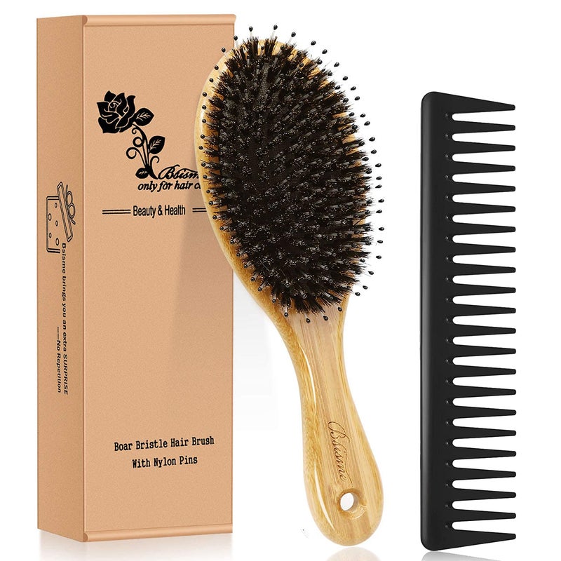 Bsisme Hair Brush Comb Set Boar Bristle Hairbrush for Curly Thick Long Fine Dry Wet Hair,Best Travel Bamboo Paddle Detangler Detangling Hair Brushes for Women Men Kids Adding Shine Smoothing Hair - Image 1